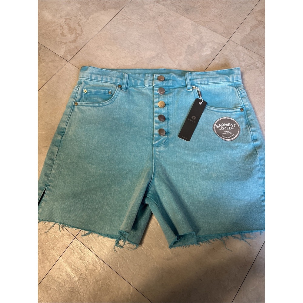 Tractr Women's High Rise Slim Denim Shorts Button Fly Raw Hem Turquoise Sz 8